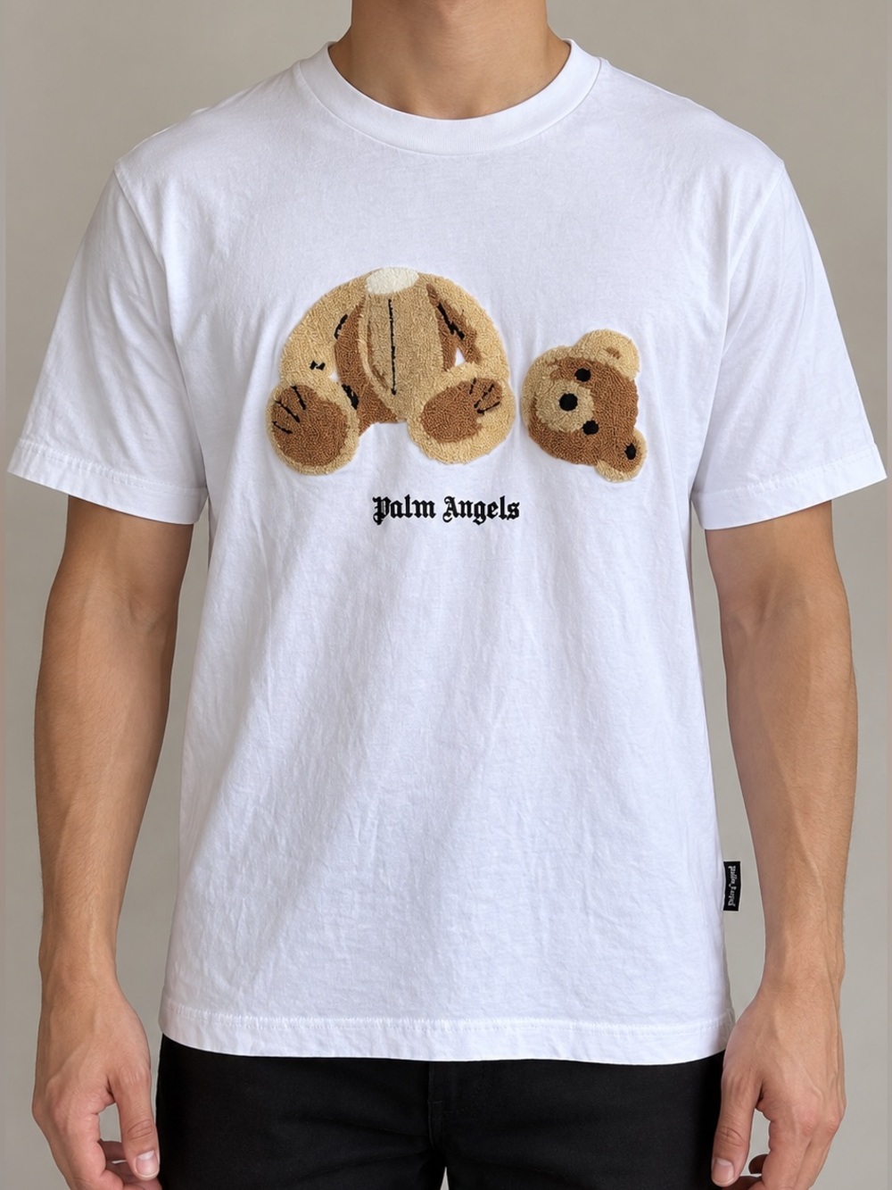 Palm Angels White Tee with Brown Teddy Head Motif